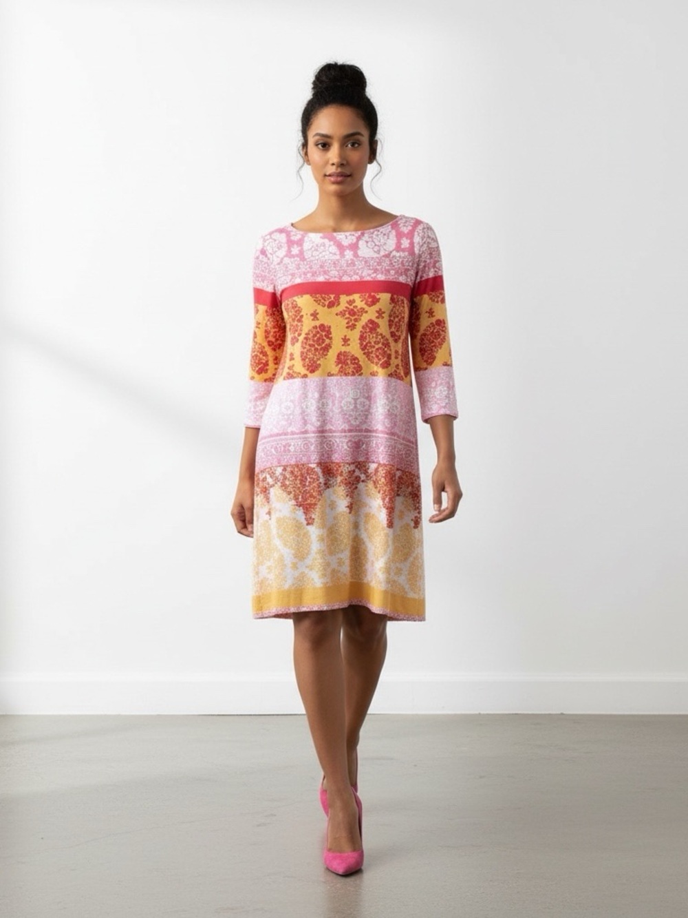 Donna Morgan Pink and Yellow Floral Print Shift Dress 8